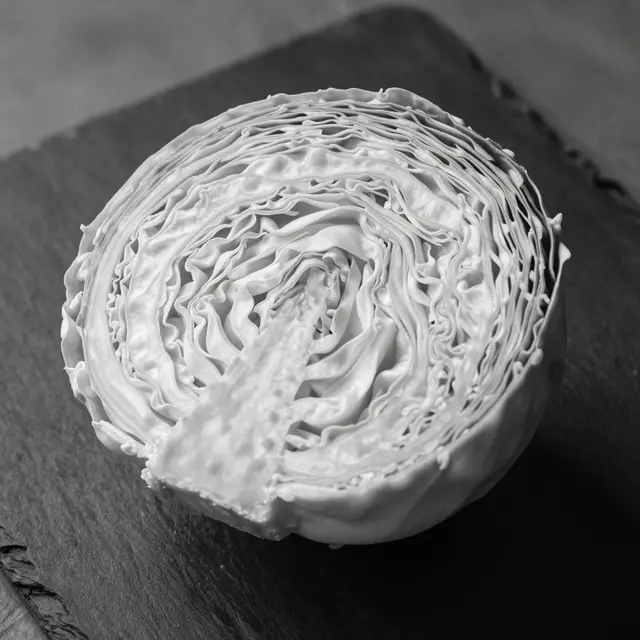 Black and white close-up of a halved cabbage resting on a dark slate board