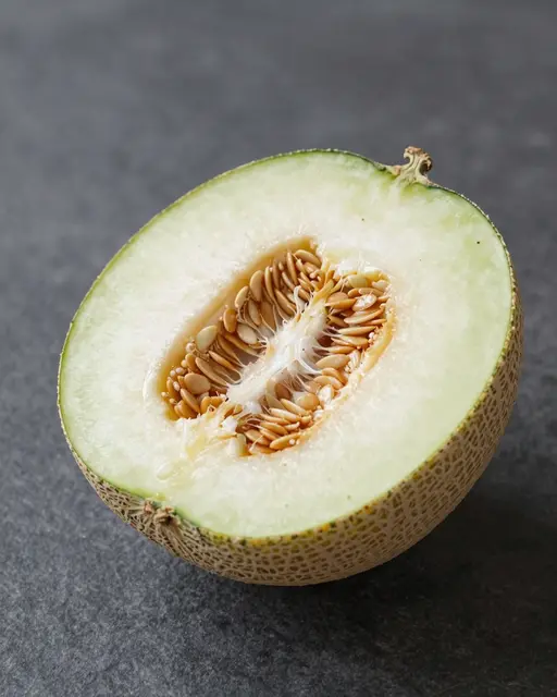 A halved melon with exposed seeds rests on a matte dark gray stone surface.