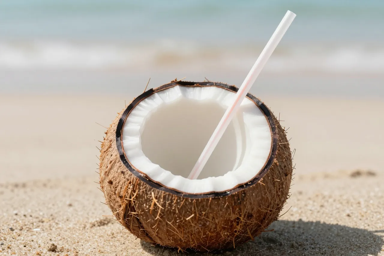 A halved fresh coconut with a drinking straw rests on sunlit beach sand near soft out-of-focus ocean waves.