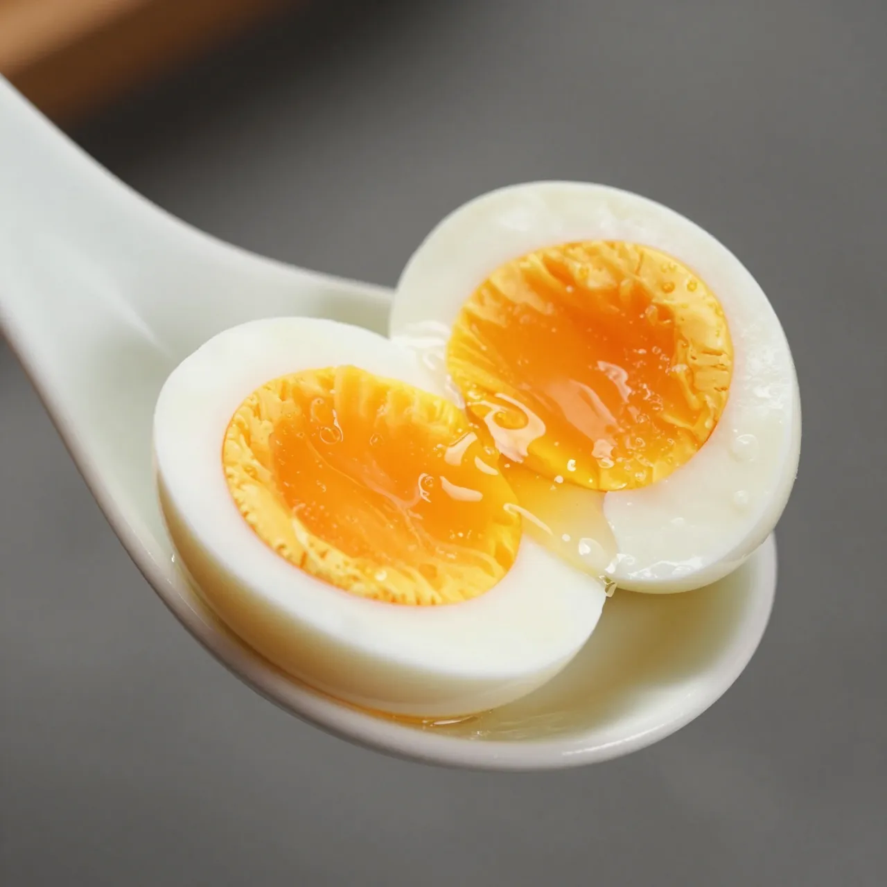 Macro close-up of two halves of a soft boiled ramen egg resting on a white ceramic spoon.
