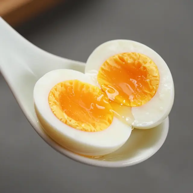 Macro close-up of two halves of a soft boiled ramen egg resting on a white ceramic spoon.