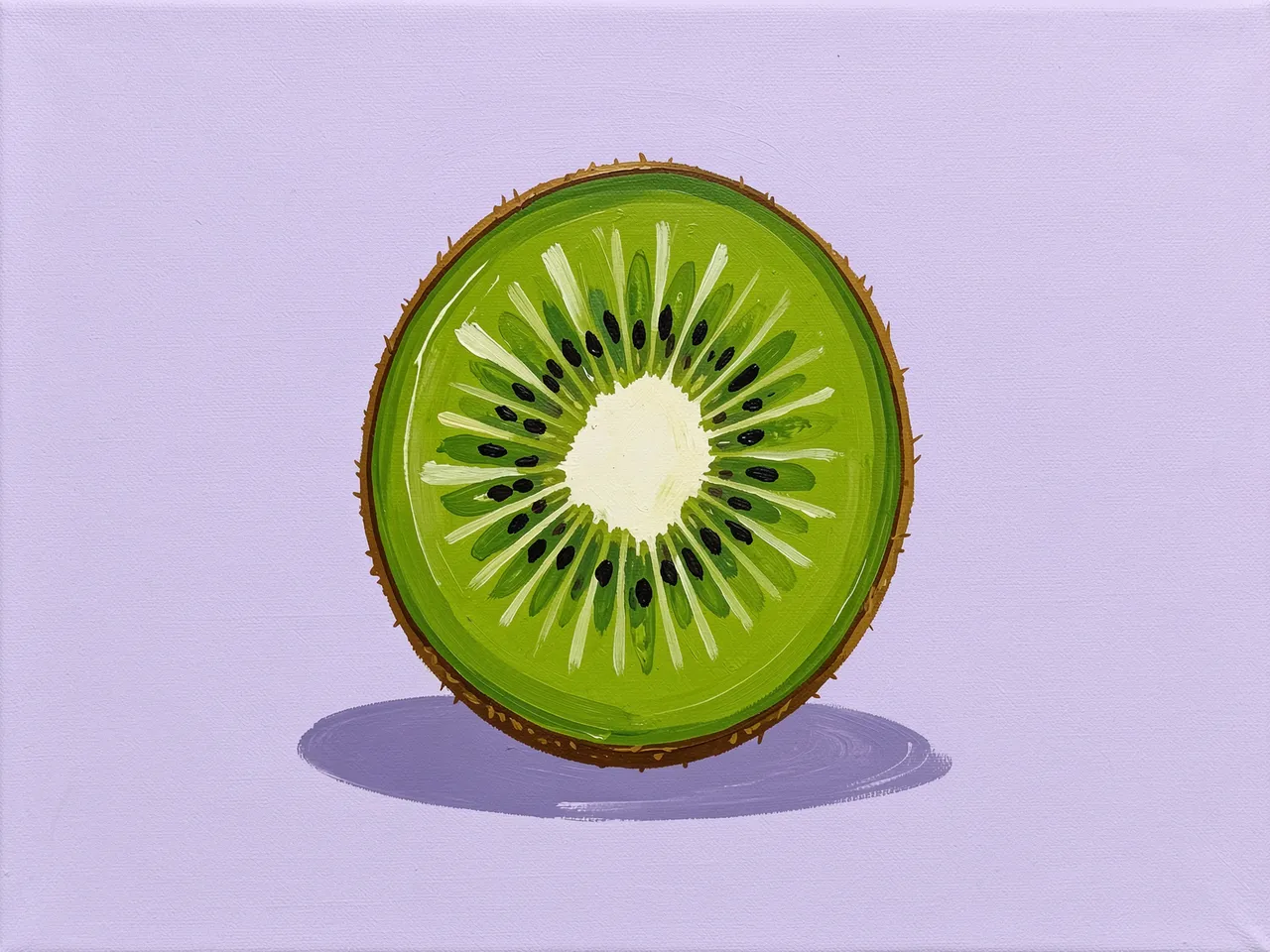 Acrylic painting of a sliced kiwi fruit centered on a pale lilac canvas with a crisp cast shadow