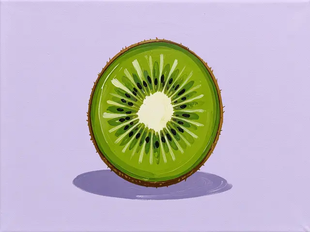 Acrylic painting of a sliced kiwi fruit centered on a pale lilac canvas with a crisp cast shadow
