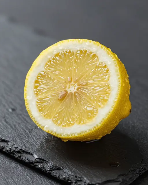Close-up of a halved fresh lemon dotted with water droplets resting on dark slate