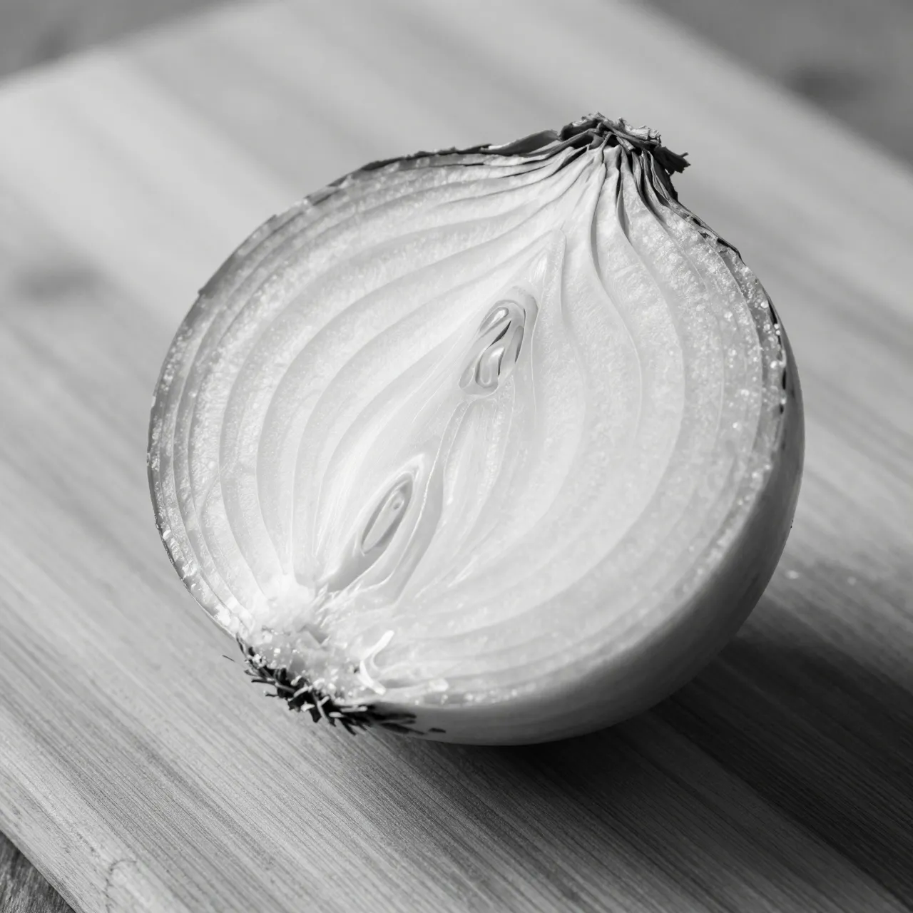 Black and white close-up of a cut onion showing concentric rings resting on a wooden cutting board