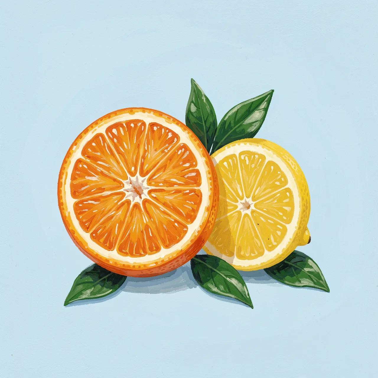 Gouache illustration of a halved orange and halved lemon with green leaves resting on a pale blue background