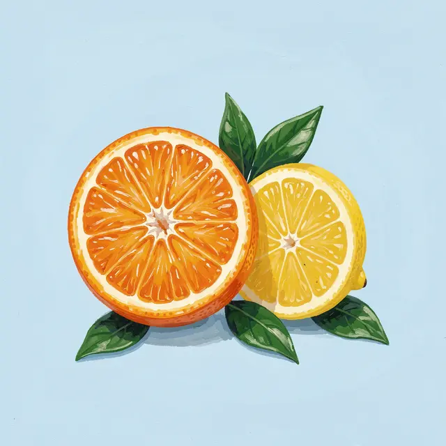 Gouache illustration of a halved orange and halved lemon with green leaves resting on a pale blue background