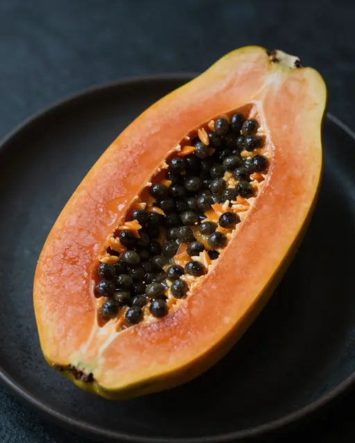 A halved ripe papaya with glossy black seeds rests centered on a dark matte plate against a dark background.
