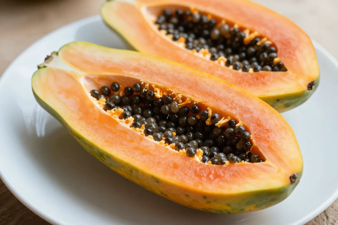 Two ripe papaya halves with black seeds rest on a white ceramic plate.
