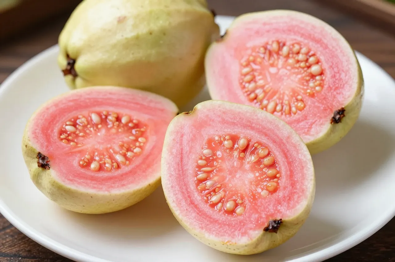 Whole and sliced pink guavas arranged on a plain white plate over a dark wooden table.