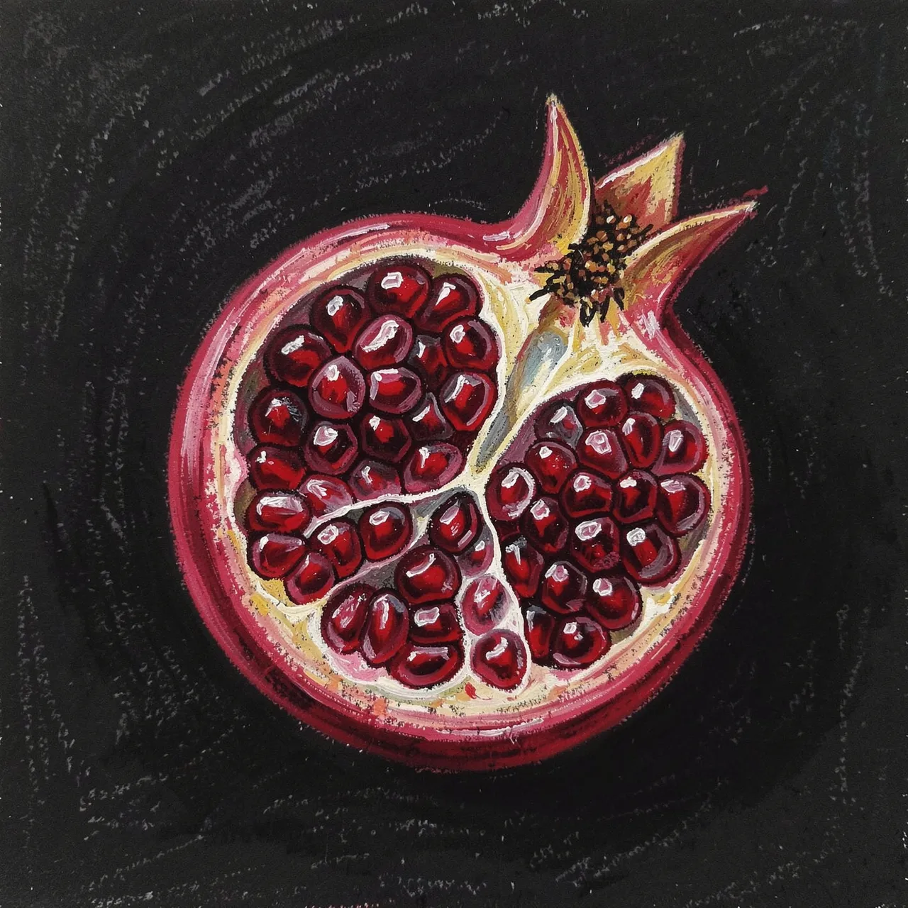 Oil pastel drawing of a halved pomegranate with ruby seeds against a dark background