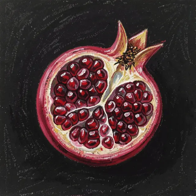 Oil pastel drawing of a halved pomegranate with ruby seeds against a dark background
