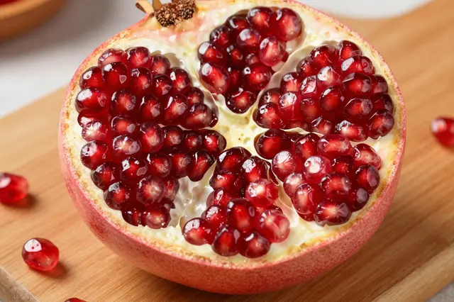 A halved pomegranate with glossy red arils rests on a light wooden cutting board with scattered loose seeds.