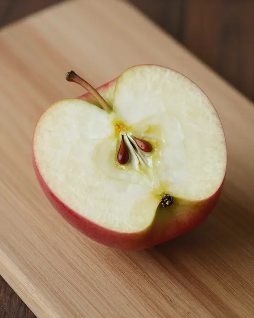 A halved red apple with visible seeds rests on a light wooden cutting board.