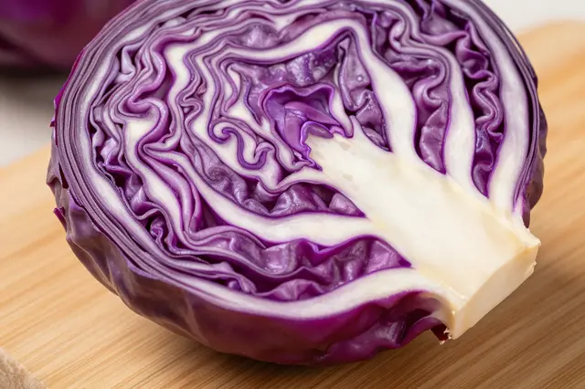 Close-up of a halved red cabbage resting on a light wooden cutting board