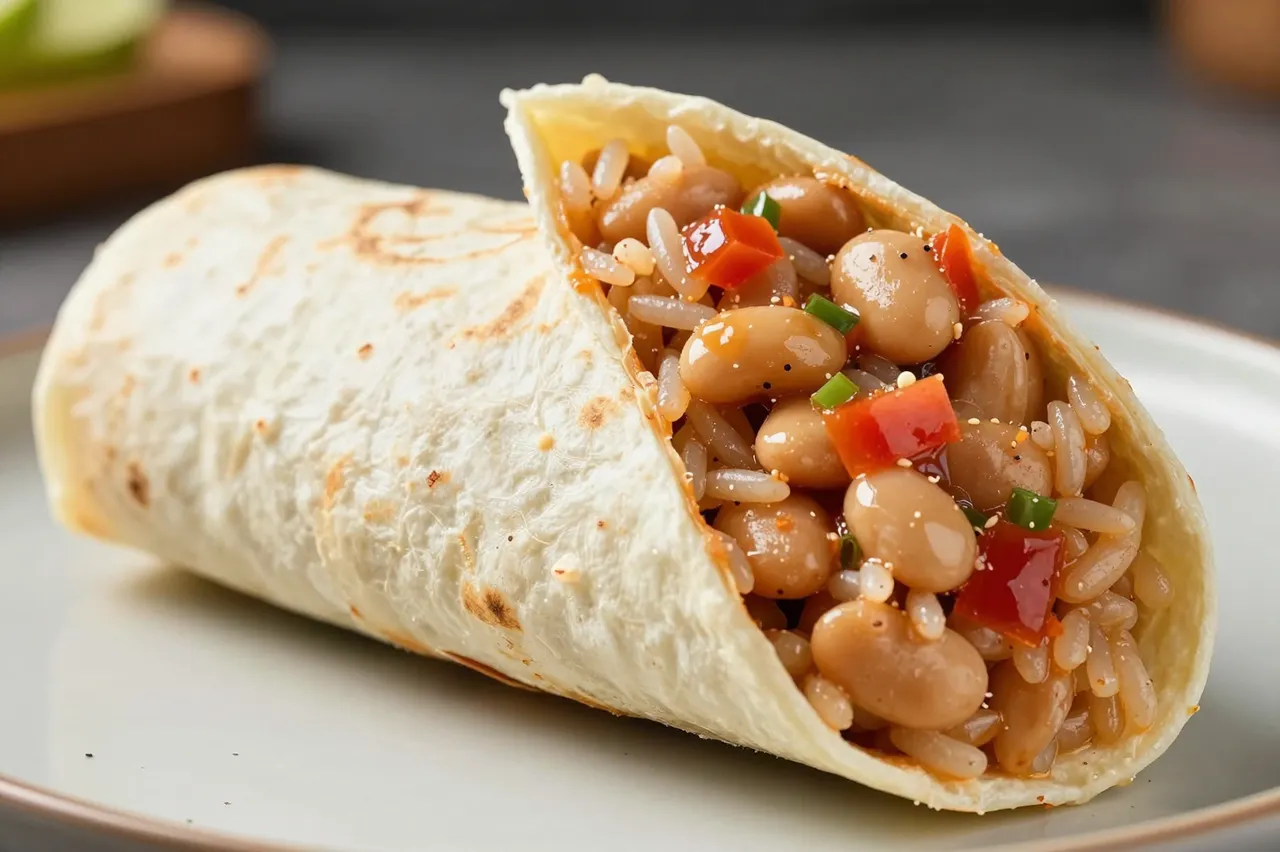 A cut open burrito displays its rice, bean, and vegetable filling on a light ceramic plate.