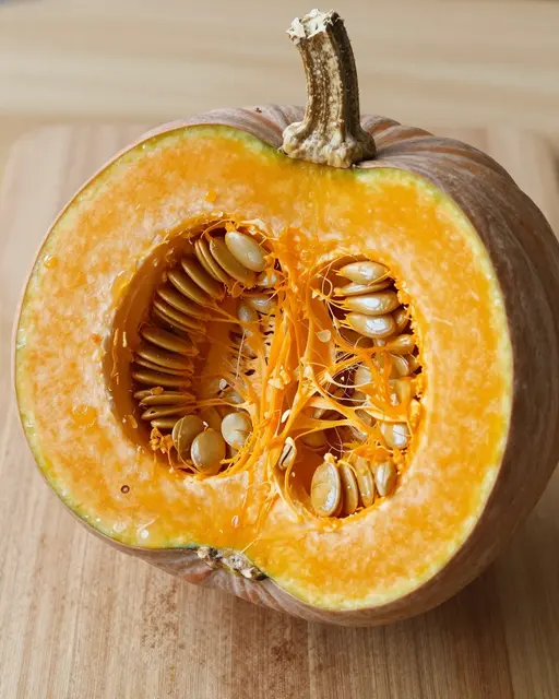 Sugar pumpkin cut in half to show bright orange flesh and seeds, resting on a light wooden cutting board.