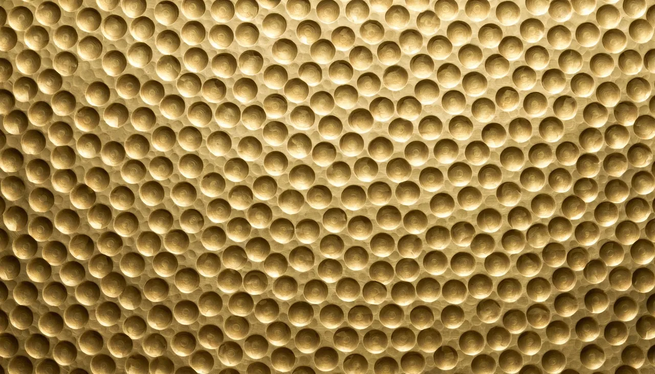 Full frame close-up of smooth golden hammered brass covered in uniform round dimples under even soft lighting
