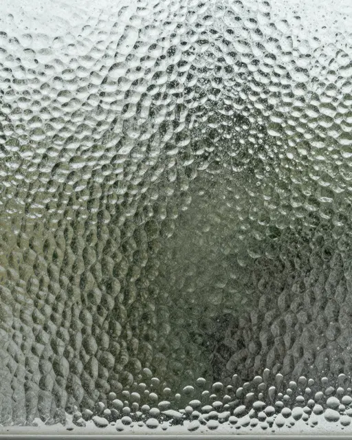 Full frame close-up of dimpled hammered glass scattering soft cool daylight.
