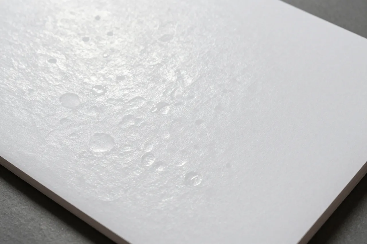Close-up of textured hammered white paper with shallow dents lit by soft raking light
