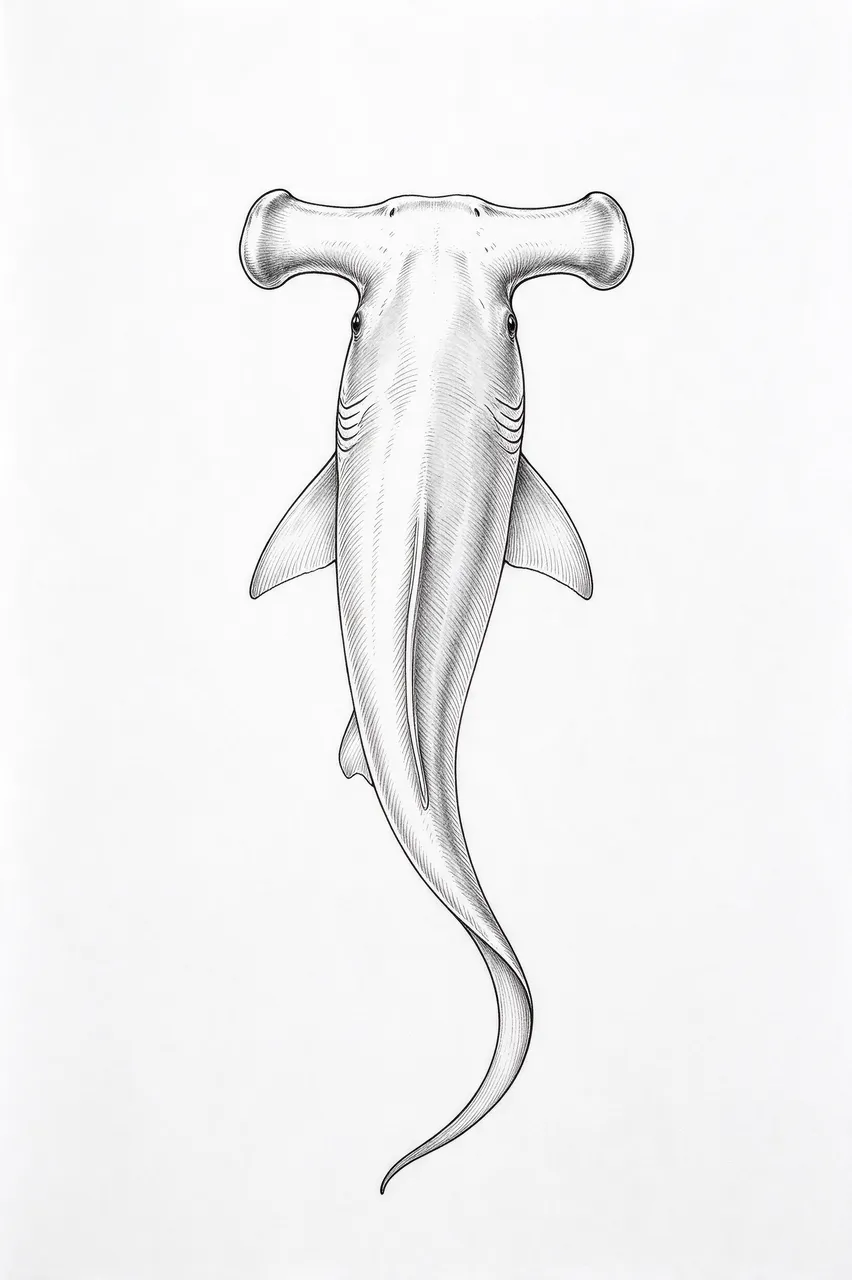 Fine line ink drawing of a hammerhead shark viewed from above on plain white paper