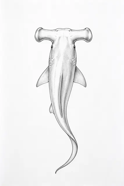 Fine line ink drawing of a hammerhead shark viewed from above on plain white paper
