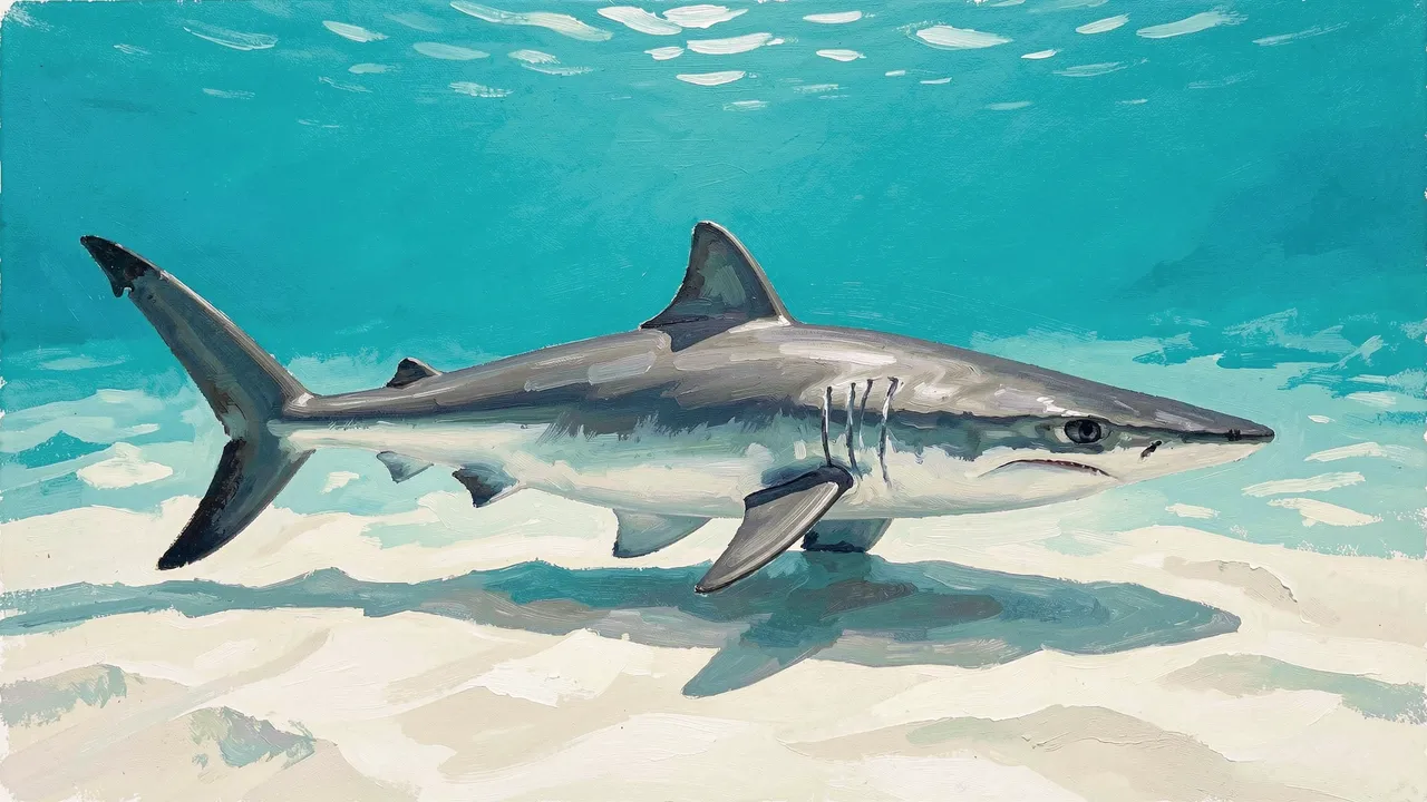 A side view gouache painting of a shark swimming over pale sand in clear turquoise water