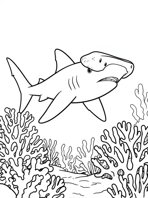 Bold black and white line art of a hammerhead shark swimming above coral reef on a plain white background