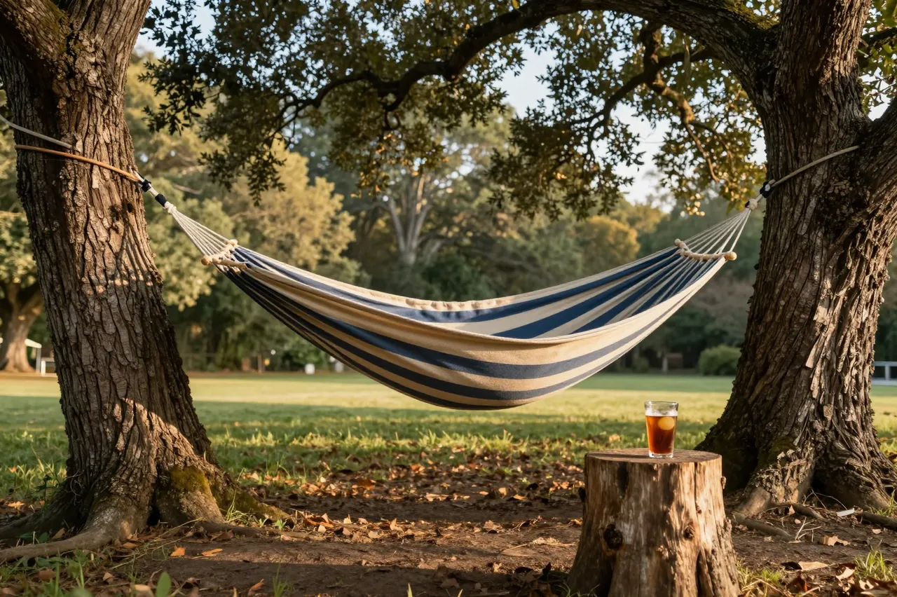 Striped hammock hangs between two oak trees with a cold drink resting on a nearby tree stump in a sunlit backyard