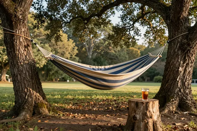 Striped hammock hangs between two oak trees with a cold drink resting on a nearby tree stump in a sunlit backyard