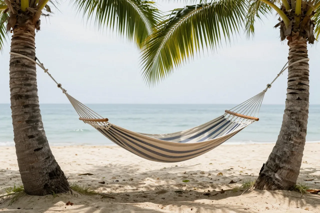 Striped hammock hangs between two palm trees overlooking calm sandy beach and ocean