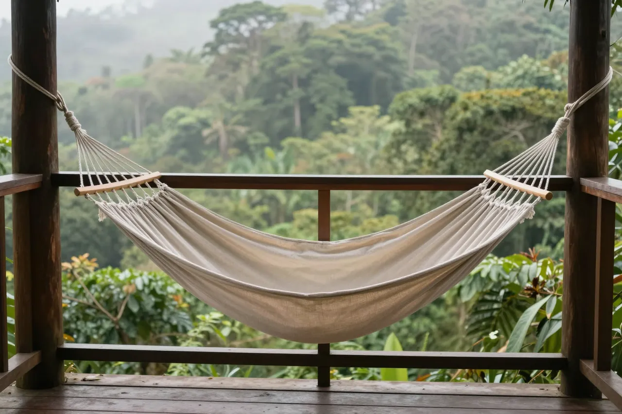 Empty fabric hammock strung on a wooden balcony overlooking misty dense jungle hills