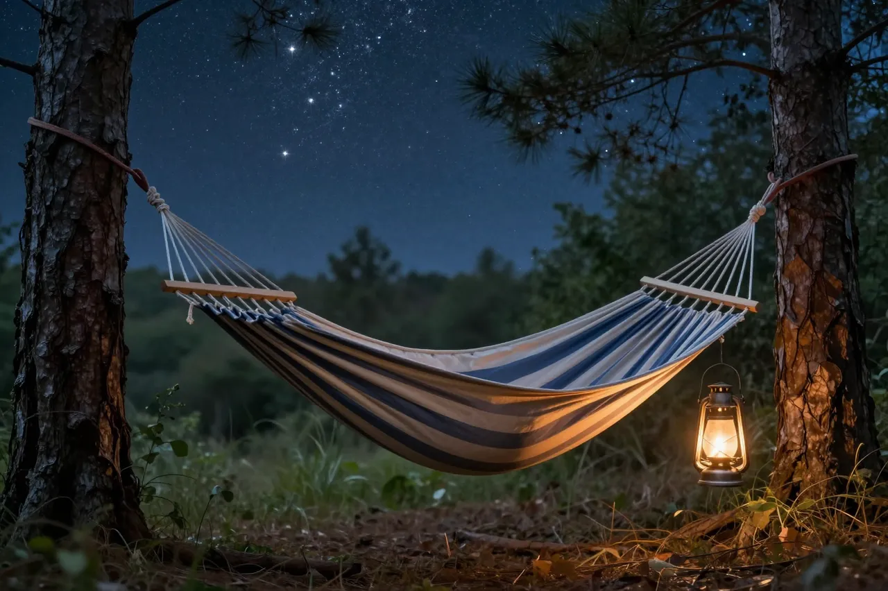 An empty striped hammock hangs between two pine trees beside a glowing lantern under a starry night sky