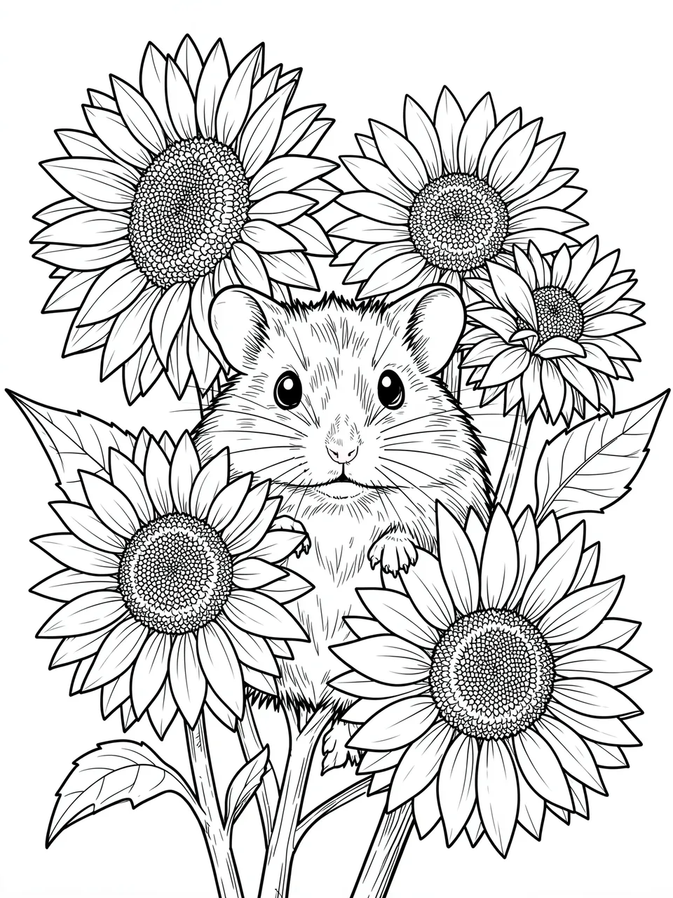 Black and white line art of a hamster peeking out from a cluster of detailed sunflowers on a white background