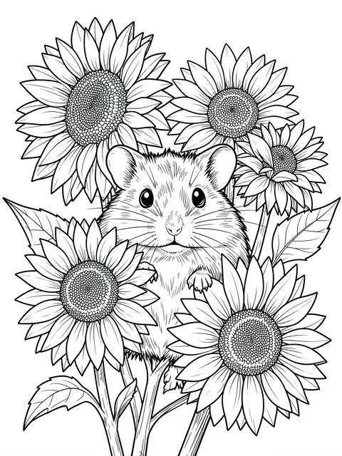 Black and white line art of a hamster peeking out from a cluster of detailed sunflowers on a white background