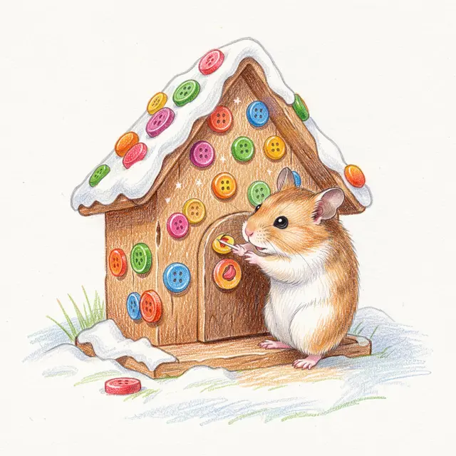 A colored pencil drawing of a cute hamster decorating a tiny festive house with colorful candy buttons