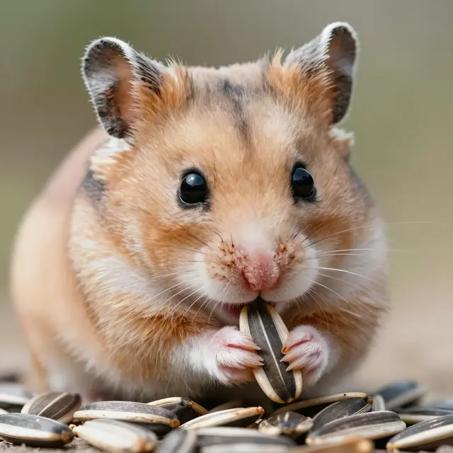 Close-up of a hamster holding and nibbling a sunflower seed among scattered seeds.