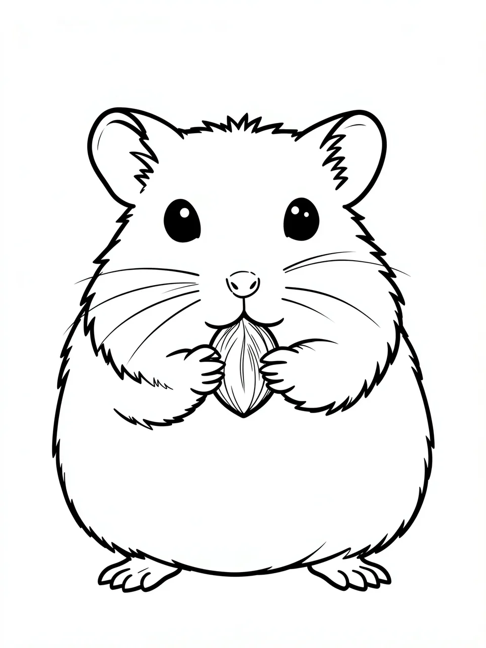 Bold black and white line art of a puffy hamster holding a seed against a plain white background