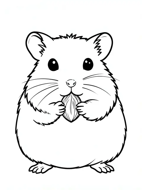 Bold black and white line art of a puffy hamster holding a seed against a plain white background