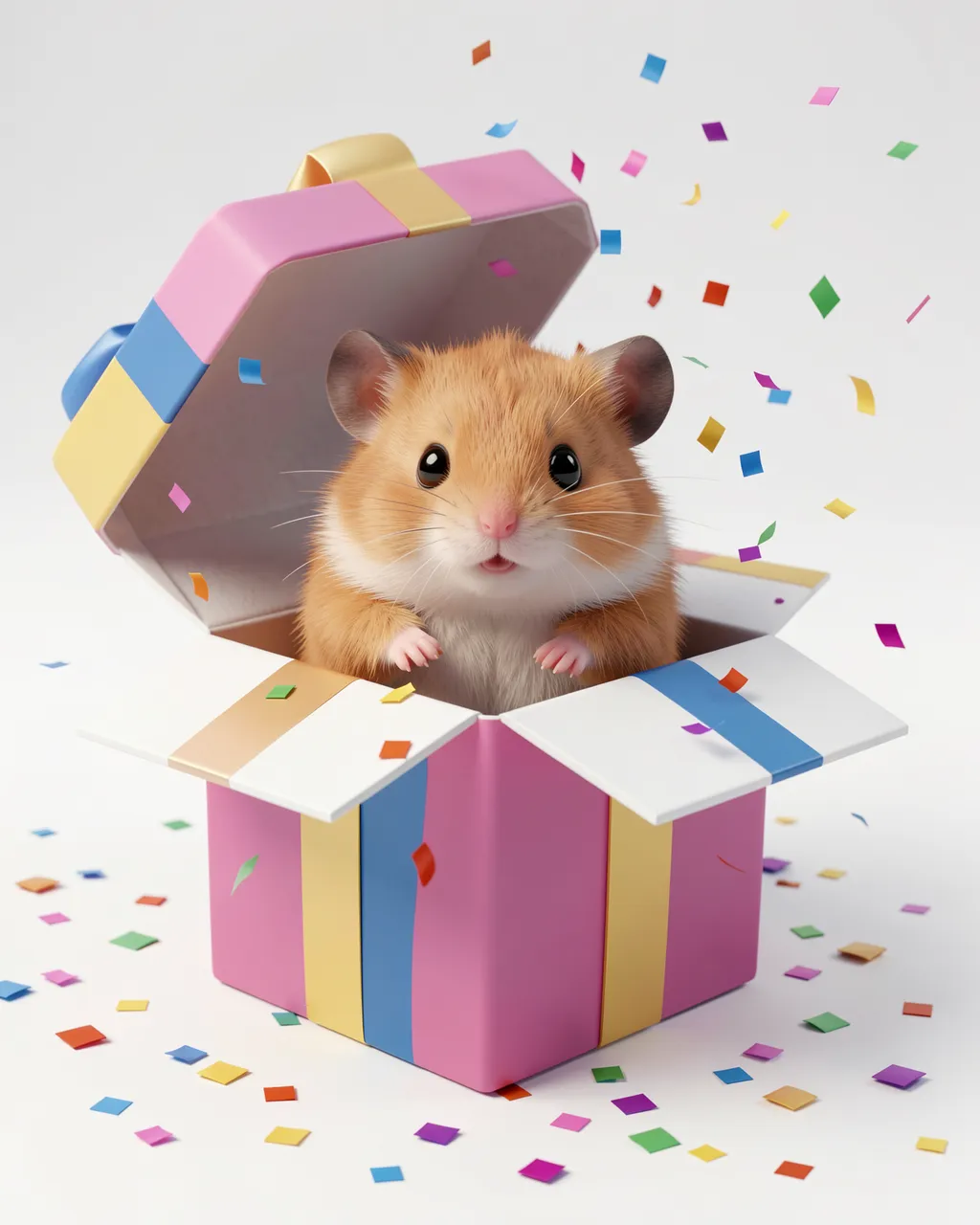 A fluffy chubby hamster peeks out from an open colorful birthday gift box surrounded by falling confetti