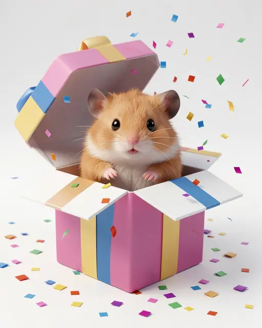 A fluffy chubby hamster peeks out from an open colorful birthday gift box surrounded by falling confetti