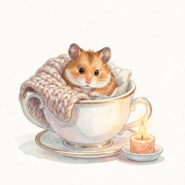 A cute hamster rests tucked in a teacup bed under a knit blanket beside a tiny lit candle
