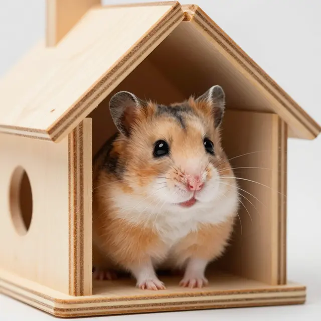 A fluffy golden brown hamster peeks out from the opening of a small plywood pet house against a plain light background.