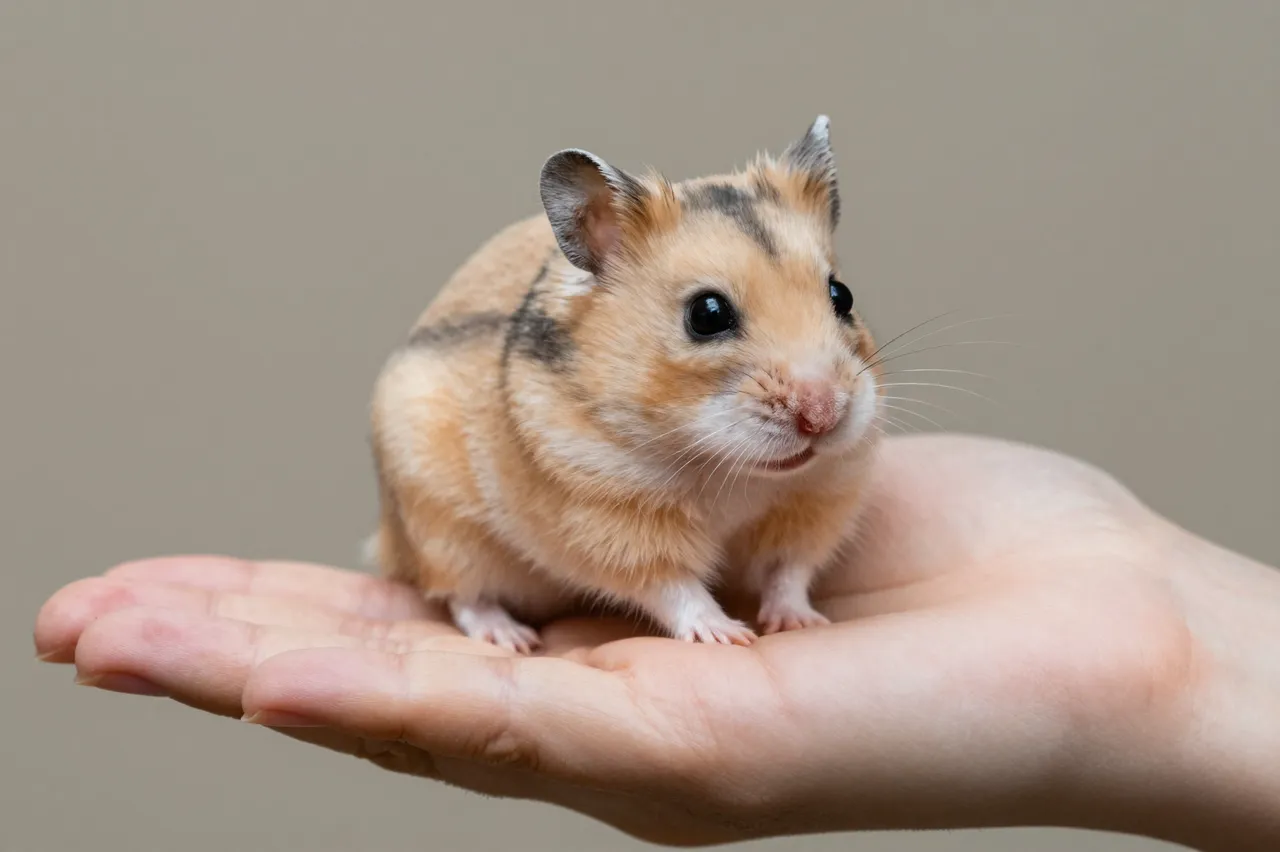A small striped hamster sits calmly in the palm of an adult person's outstretched hand.