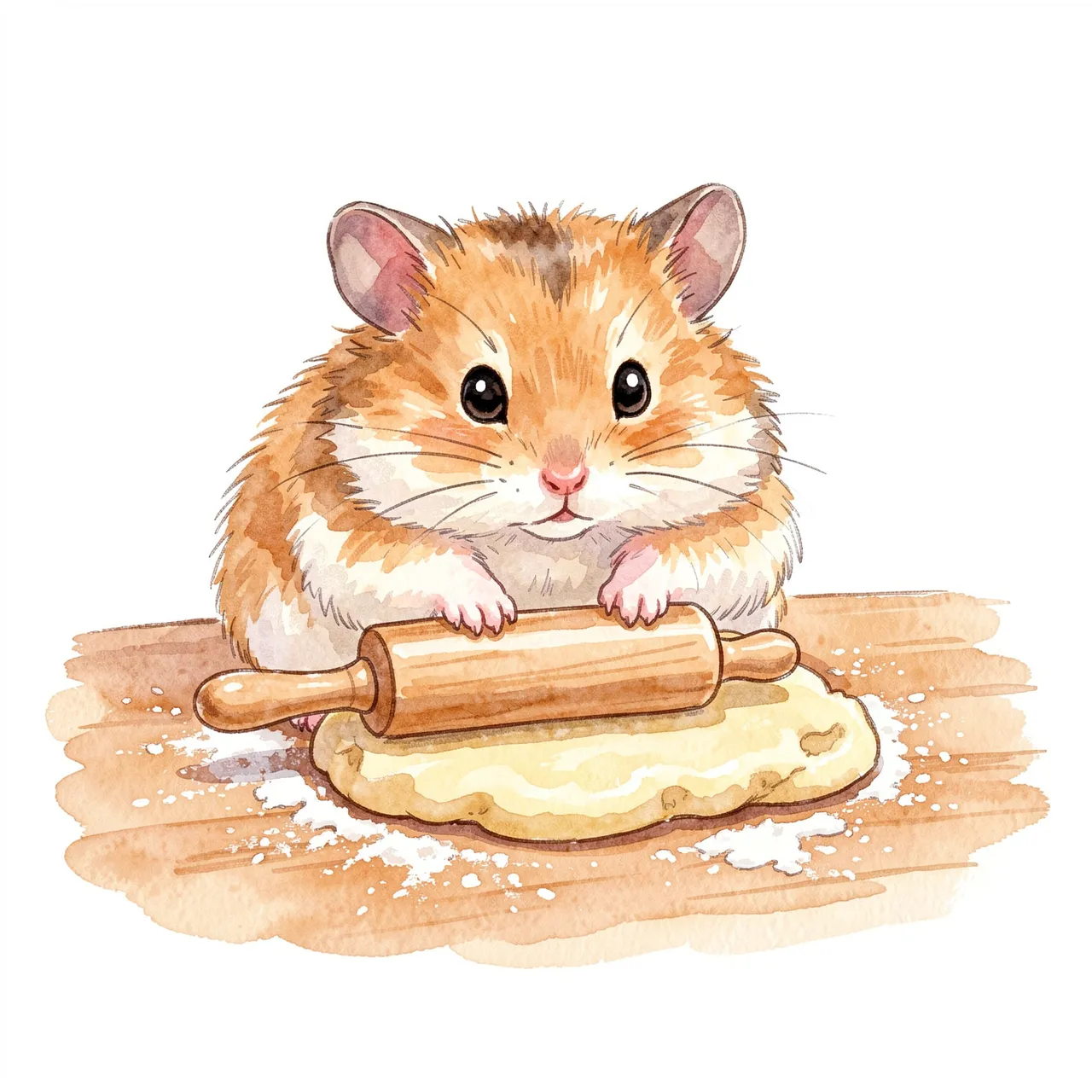 A cute watercolor hamster uses a tiny rolling pin to flatten cookie dough on a floured wooden table