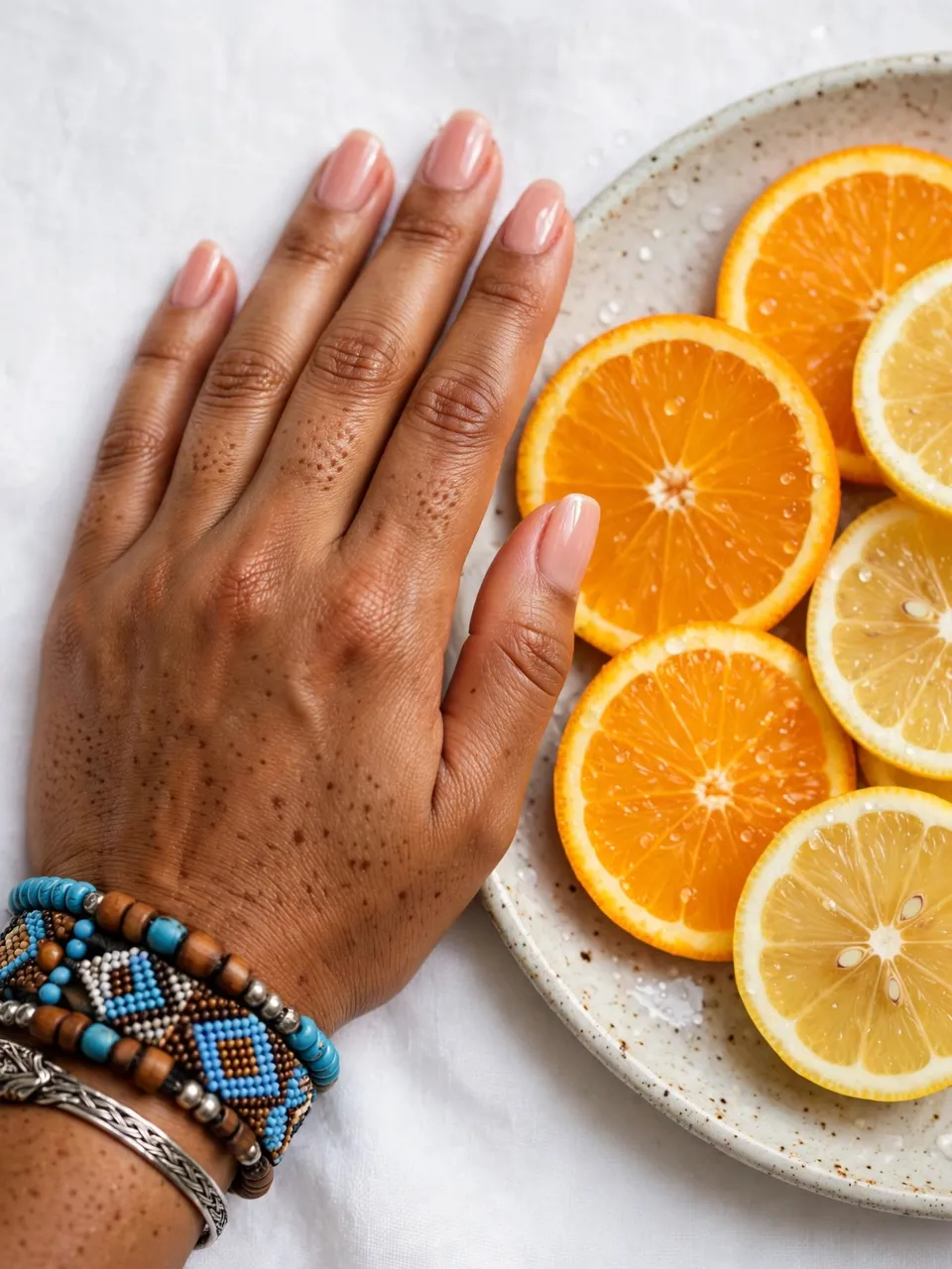 Close-up of a freckled hand with beaded bracelets next to a plate of fresh orange and lemon slices