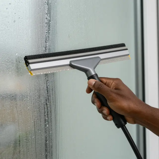 A close-up of a Black person's hand running a squeegee across a soapy window pane.