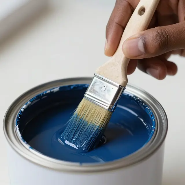 Close-up of a Black person's hand holding a paintbrush dipped into a tin of deep blue paint.