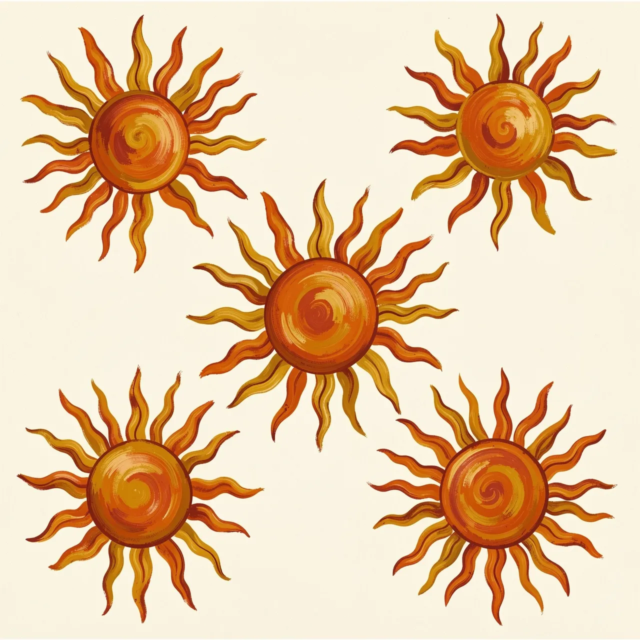 Five hand-painted wavy 1970s style suns arranged on a soft cream background