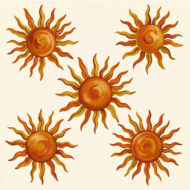 Five hand-painted wavy 1970s style suns arranged on a soft cream background